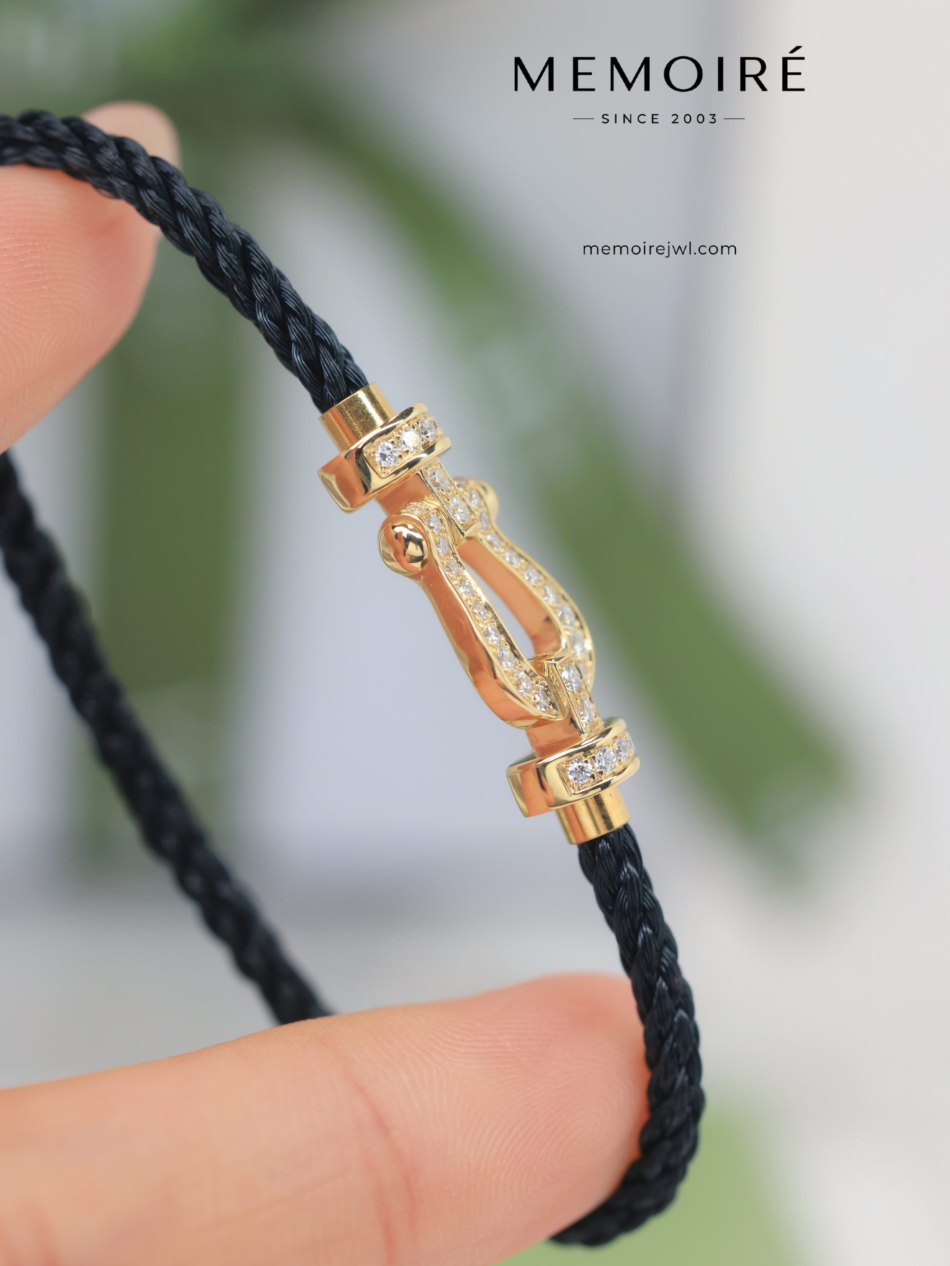 MEMOIRÉ Yellow Gold Medium Full-Pave Horseshoe Buckle Black Nylon Cord Bracelet - Image 4