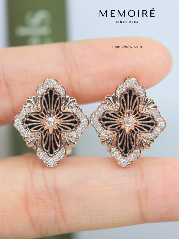 MEMOIRÉ 18K Rose Gold Black Enamel Vintage Cross Diamond Stud Earrings